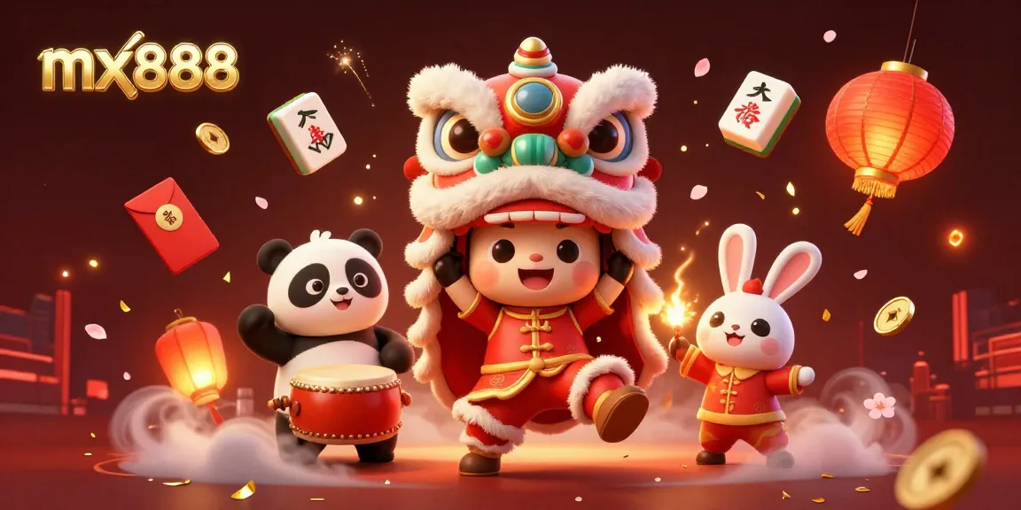 Join the excitement at mx888 with vibrant casino illustrations featuring a festive lion dance.
