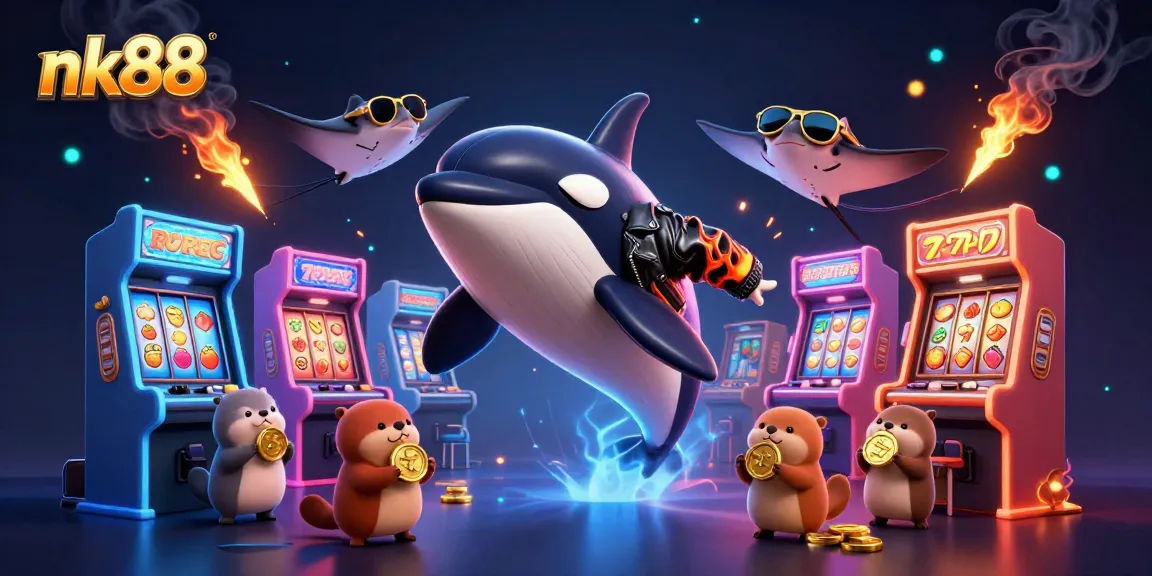 Experience the thrill of nk88 with 3D characters enjoying golden coins and arcade elements in a dynamic casino scene.