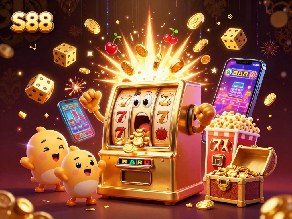 S88 slot machine celebrates a jackpot, surrounded by cheering baby slots and golden coins.