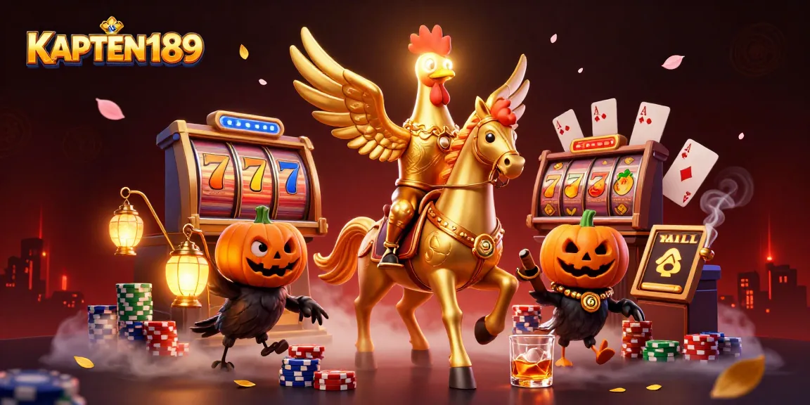KAPTEN189 menampilkan simbol slot, jackpot, dan elemen kasino di ilustrasi yang ceria.
