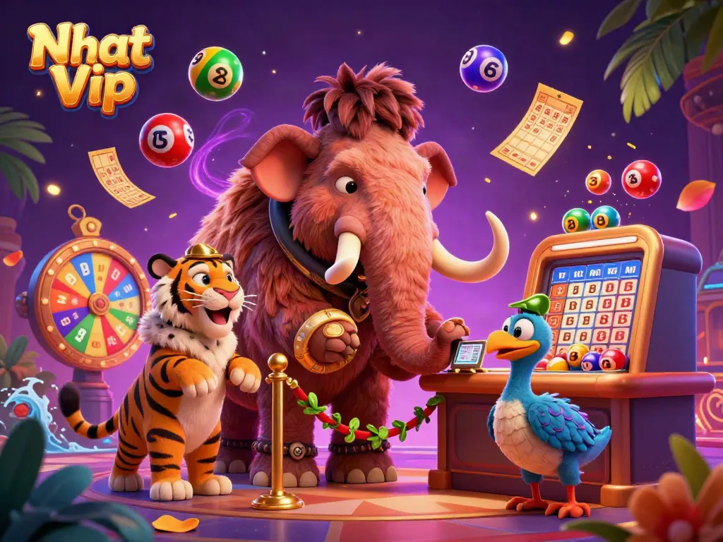 Nhat Vip's vibrant casino scene with a woolly mammoth bouncer and dynamic lottery elements.