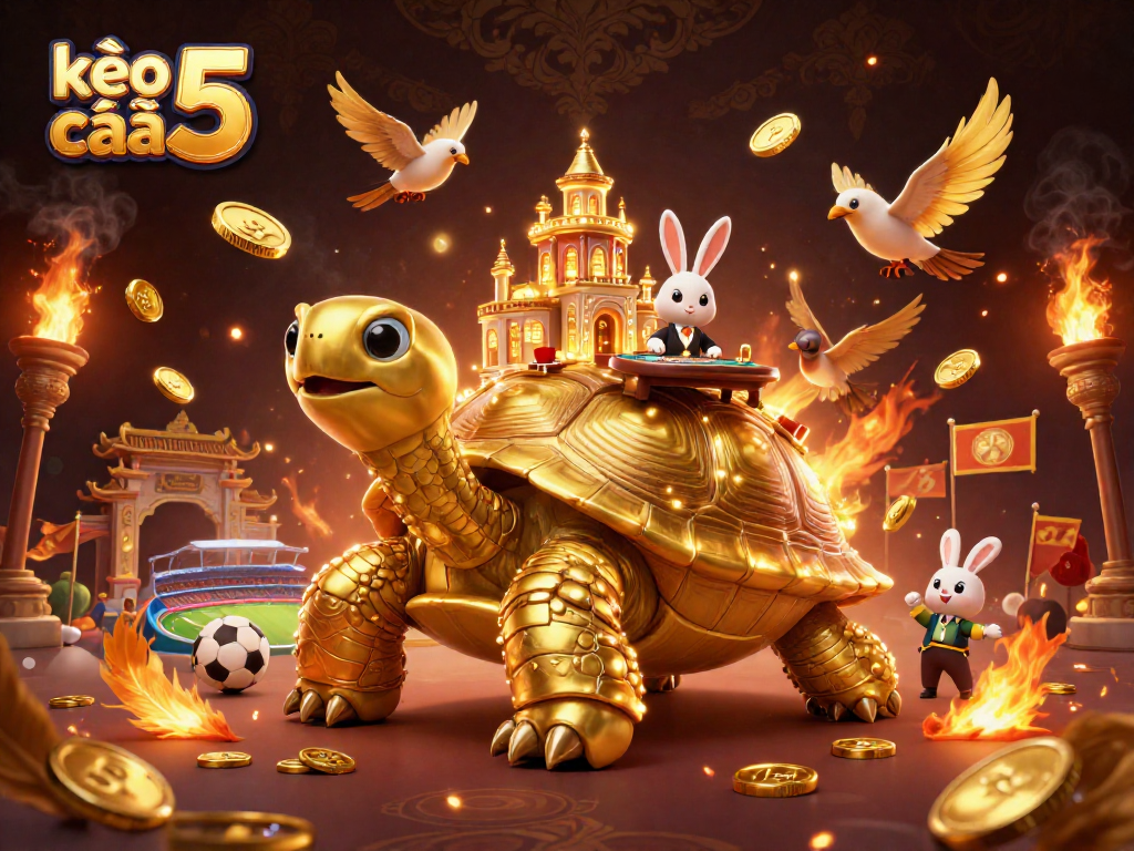 Place bets and win at kèo nhà cái 5 amidst a vibrant 3D casino scene featuring a tortoise and a rabbit dealer.