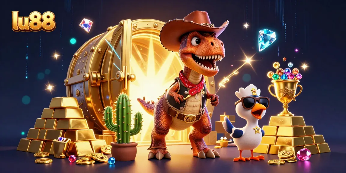 lu88 casino adventure with animated T-Rex and treasures in a vibrant gaming scene.
