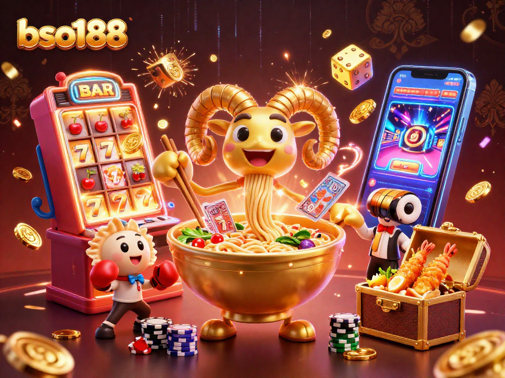 Win big with bso188 as a giant ramen bowl dealer and fun casino characters in a vibrant 3D scene.