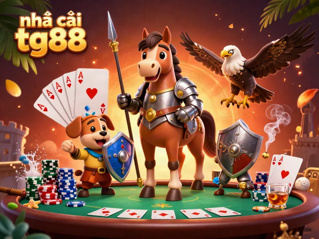 Engage with exciting moments at Nhà cái tg88, featuring a medieval knight, a puppy squire, and dynamic poker elements.