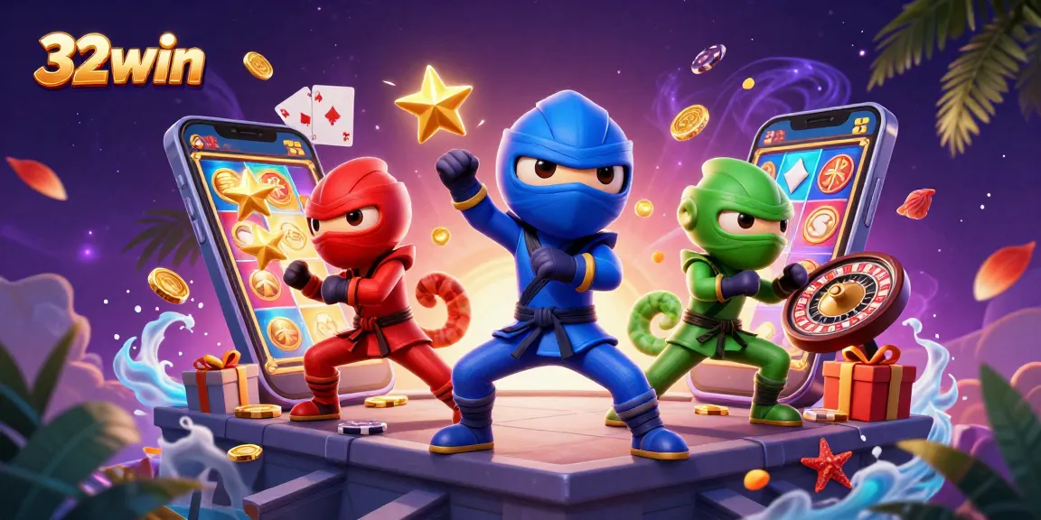 Experience thrilling action with 32win as chameleon ninjas dance amidst slot games and golden rewards.