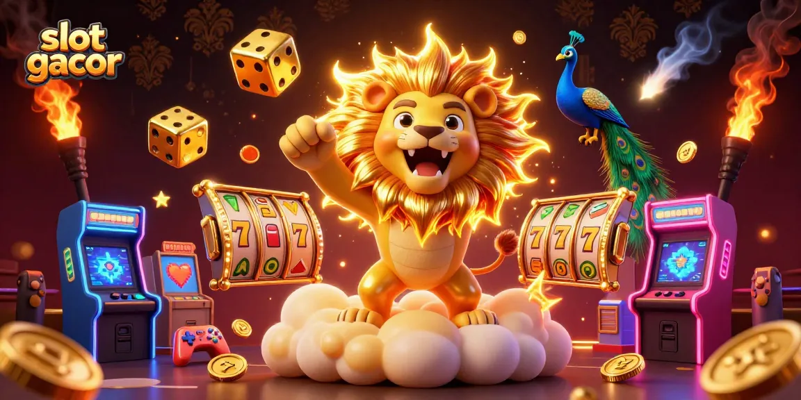 Experience exhilarating wins with slot gacor, featuring a cartoon sun lion and lucky slot symbols.