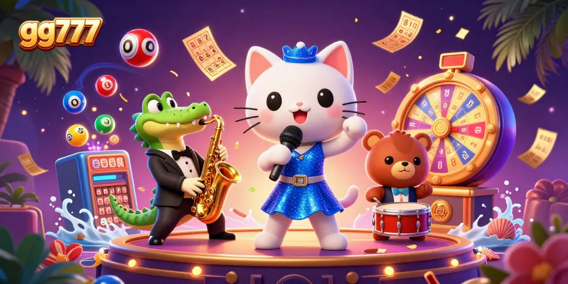 gg777 brings excitement with a jazz-singer cat, saxophone crocodile, and bear drummer in a vibrant casino scene.