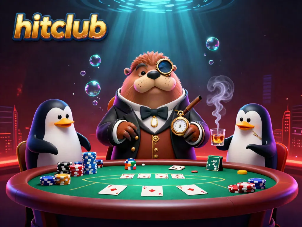 Experience hitclub at an underwater poker table featuring a walrus, penguin dealer, and pufferfish player.