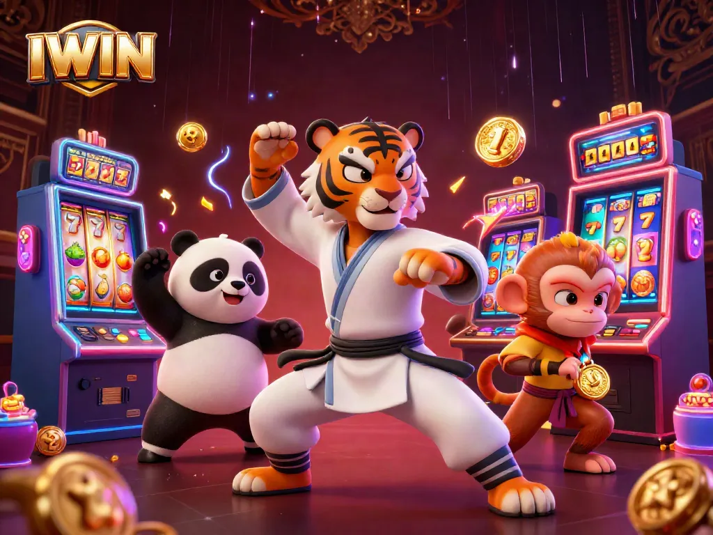 IWIN inspires gamblers with a vibrant 3D illustration of a kung fu tiger master and his student characters among lively casino slot machines.