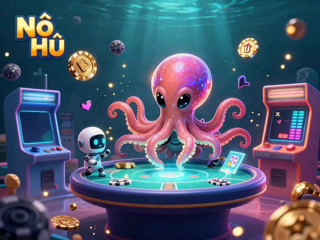Nổ Hũ showcases a vibrant 3D alien octopus engaging in a holographic poker table surrounded by colorful gaming elements.
