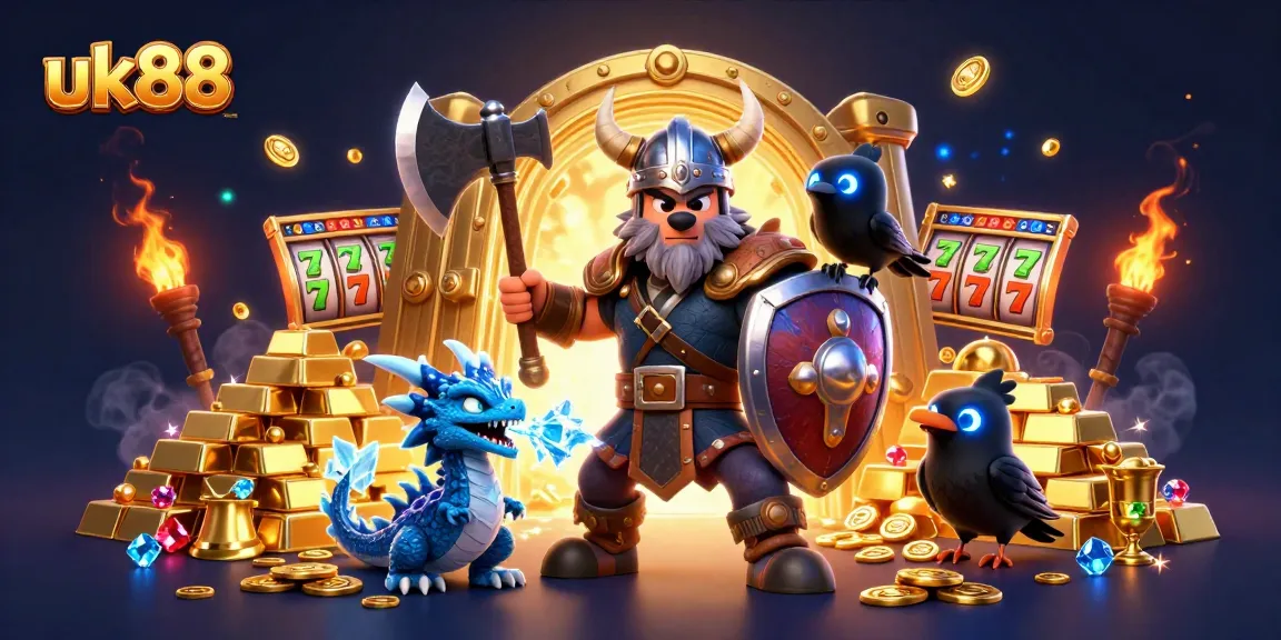uk88 animated gambling scene with a Viking wolf warrior, ice dragon, and treasure elements