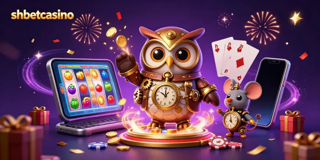 Experience the excitement of games at shbetcasino with a steampunk owl and vibrant casino elements.