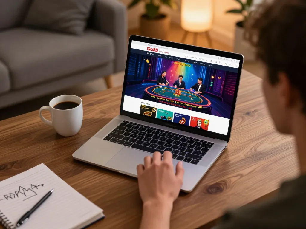 Go88 player using laptop for a live casino game in a warm home office setting.