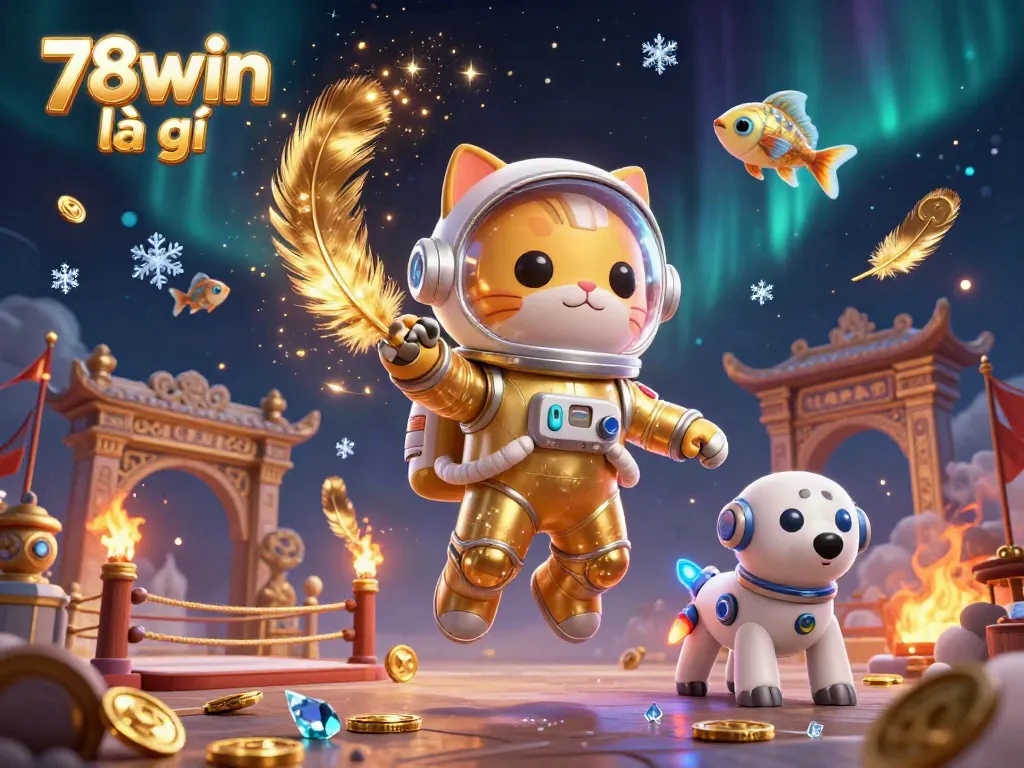 A playful scene illustrating 78win là gì in an engaging casino space with a golden astronaut cat and robot dog, showcasing dynamic betting elements.