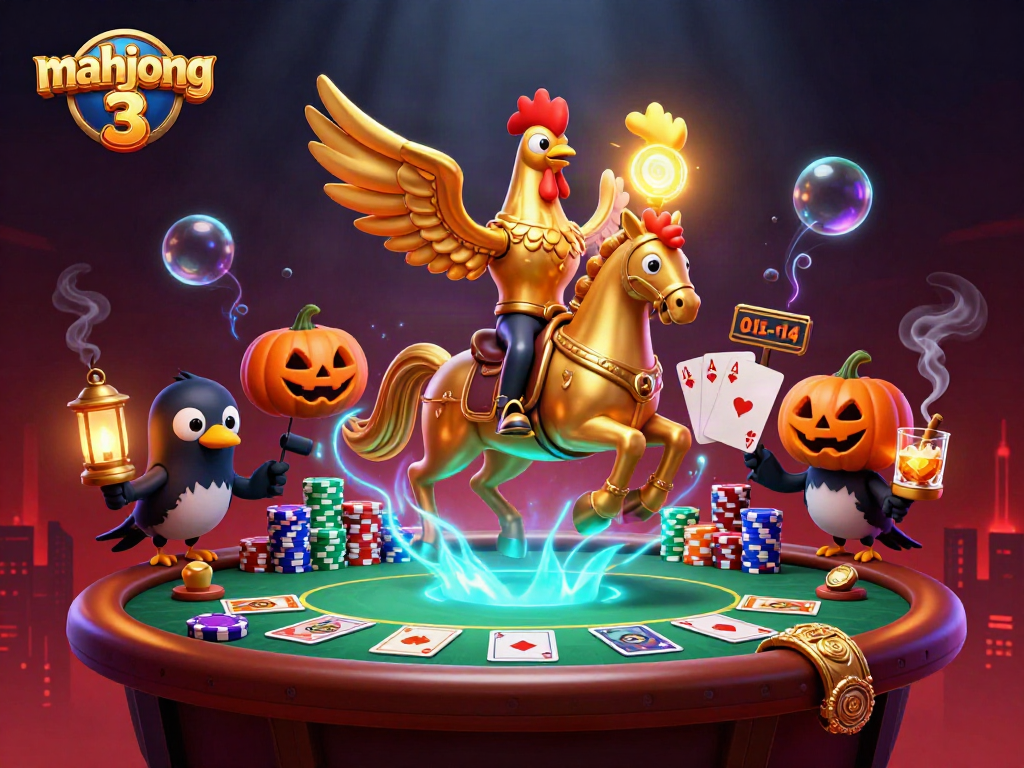 Join the exciting mahjong 3 action with golden rooster character and dynamic poker scene.
