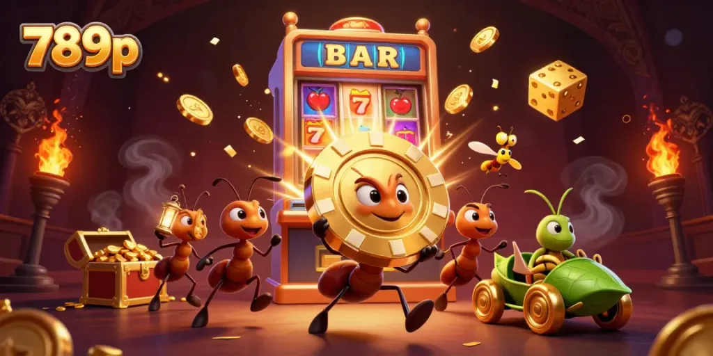 Experience the thrilling adventure of 789p with cartoon ants on a heist in a vibrant casino heist scene.