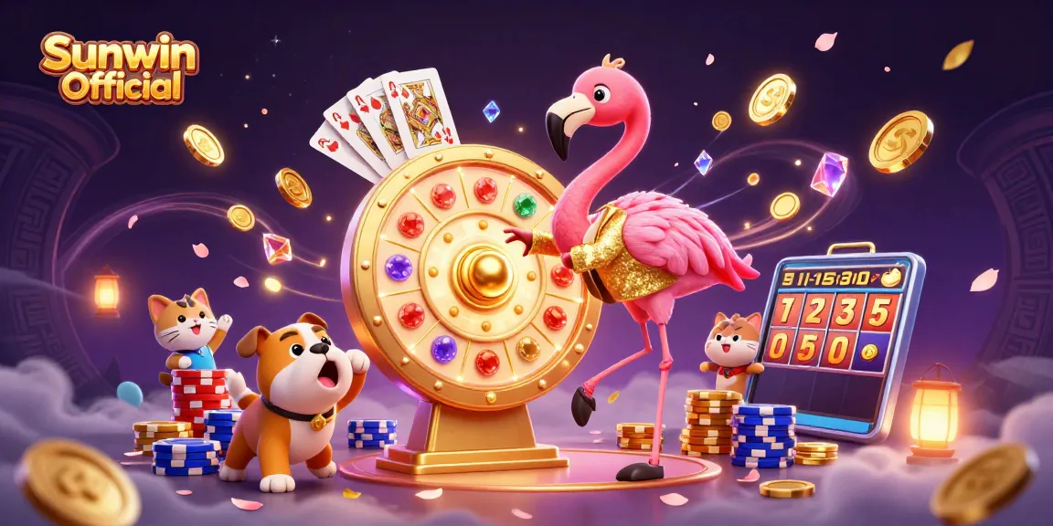 Experience thrilling gameplay at Sunwin Official with a dazzling scene of a flamingo game show host spinning a prize wheel.
