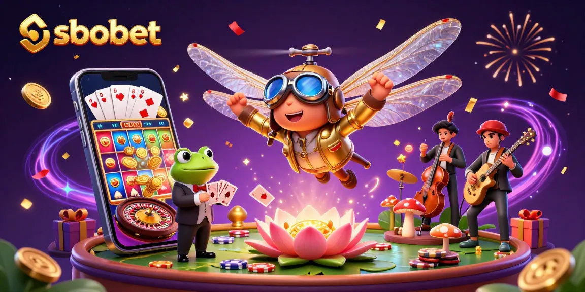 SBOBET unleashing dynamic gaming excitement with a dragonfly pilot and frog dealer at a lily pad casino