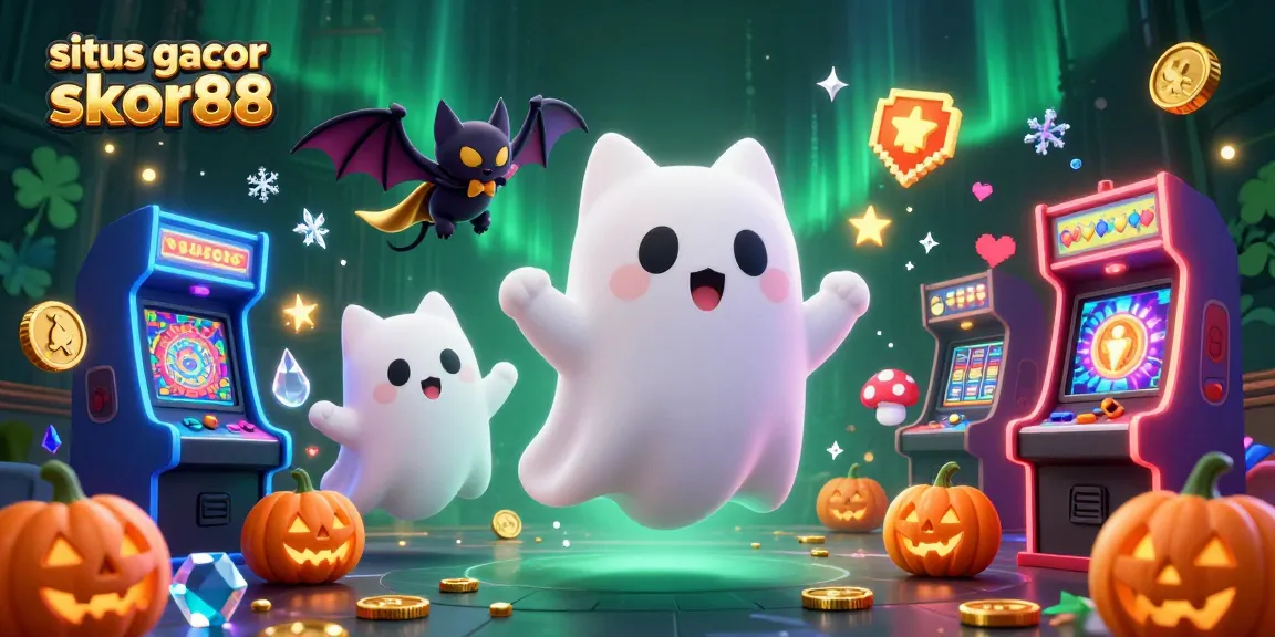 Spin the reels at situs gacor skor88 while a friendly ghost cat and bat float in a vibrant casino.