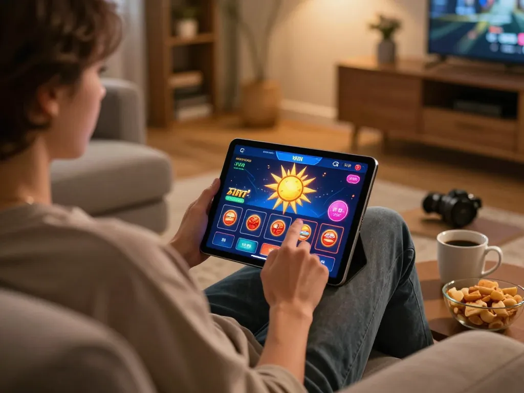 Engaging with the sun win casino app during a cozy home gaming session.