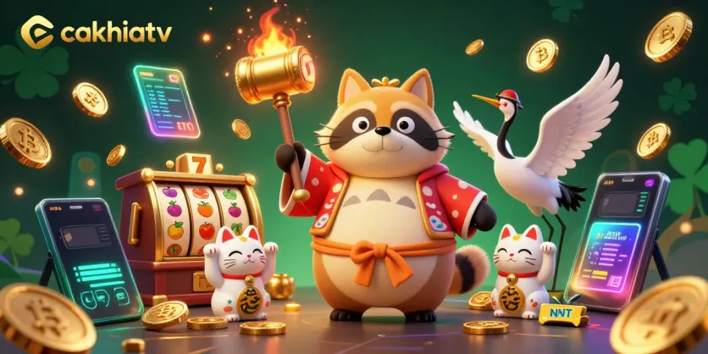 Cakhiatv showcases a vibrant 3D scene with a cheerful tanuki and lucky symbols, capturing the essence of gaming.