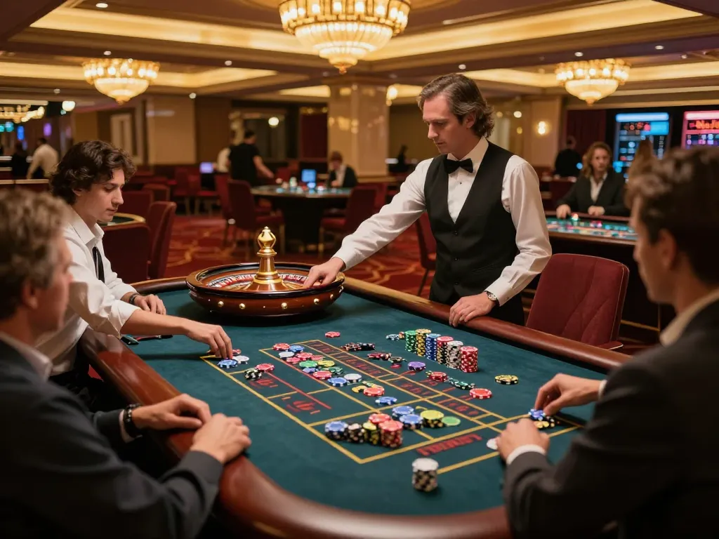 No hu enthusiasts placing strategic bets at a luxurious roulette table in a vibrant casino.