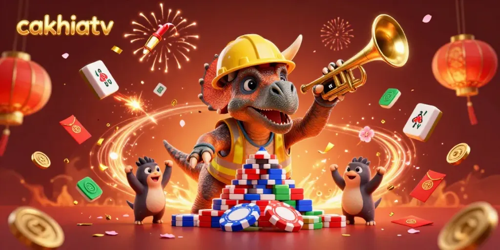 Cakhiatv features a 3D triceratops and friends celebrating around poker chips in a vibrant casino scene.