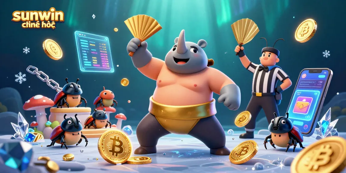 Experience sunwin chính thức action as a sumo champion beetle stomps coins amid crypto elements.