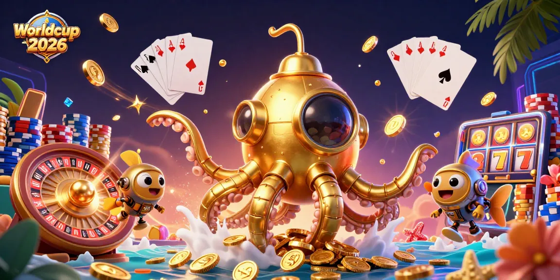 Engage in Worldcup 2026 betting excitement with vibrant gaming elements, golden kraken submarine, and dynamic coins.