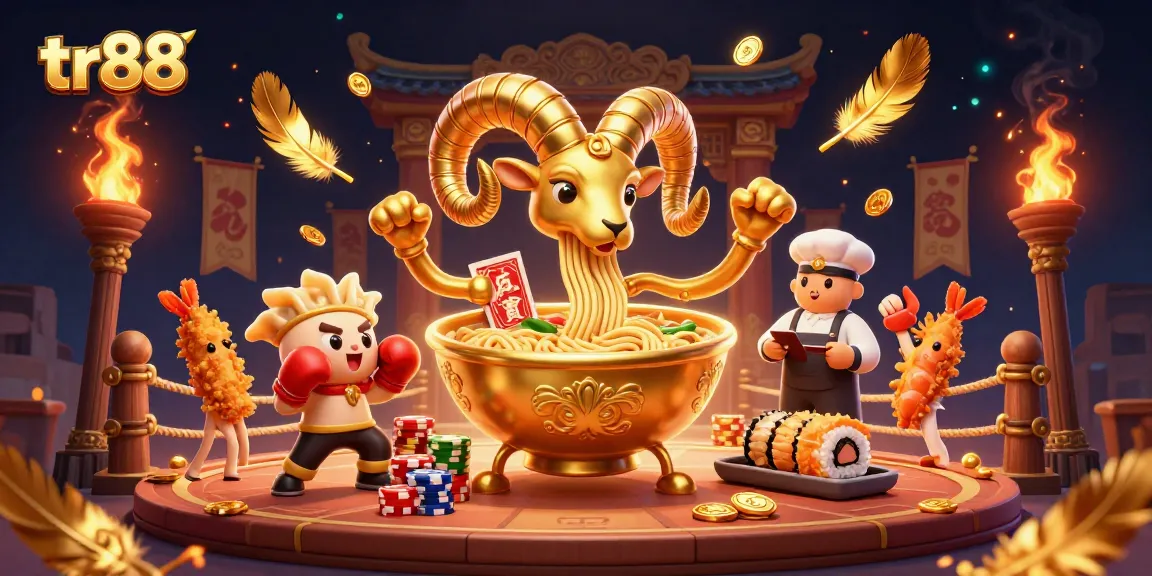 tr88 arcade features a giant ramen bowl character juggling cards and chips in a vibrant casino arena